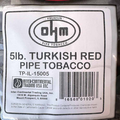 OHM Turkish Red Pipe Tobacco in a bag, showcasing vibrant red label and premium pipe tobacco for smoking enthusiasts.