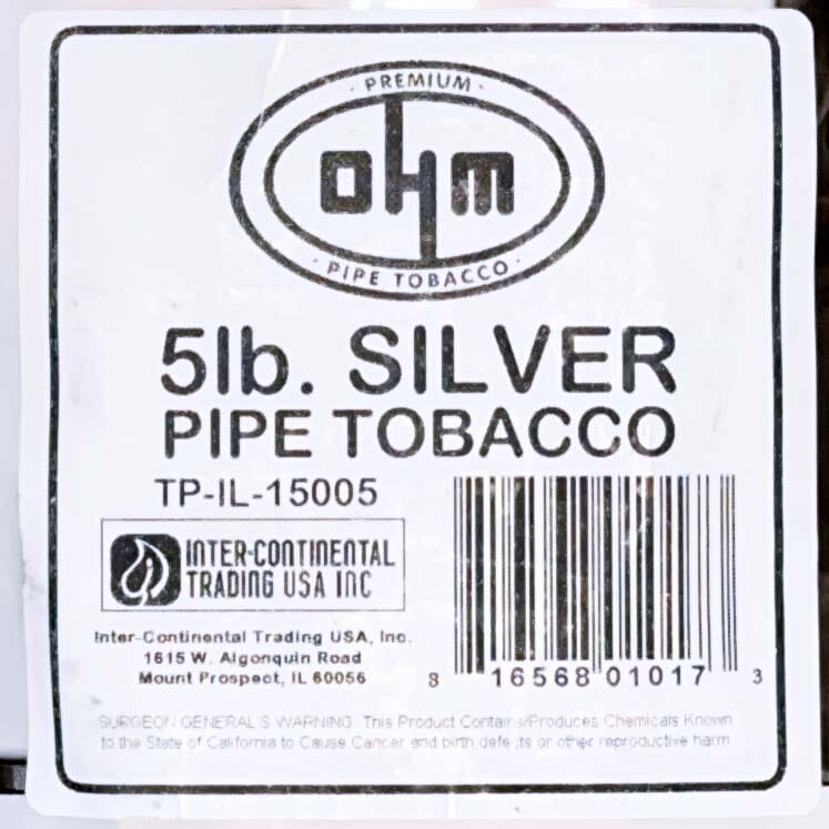 OHM Silver Pipe Tobacco 5lb label featuring silver design and product details on a rectangular package.