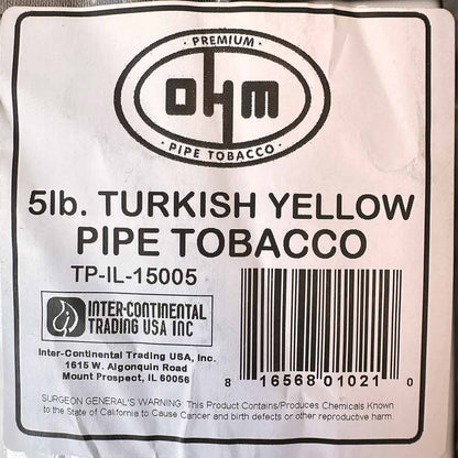 OHM Turkish Yellow Pipe Tobacco 5lb label showing bright yellow packaging and product branding for pipe tobacco.