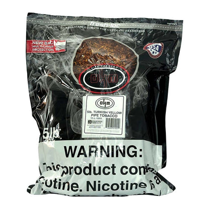 Ohm Turkish Yellow Pipe Tobacco in a 5lb bag, showcasing the rich yellow-brown tobacco leaves for pipe smoking enthusiasts.