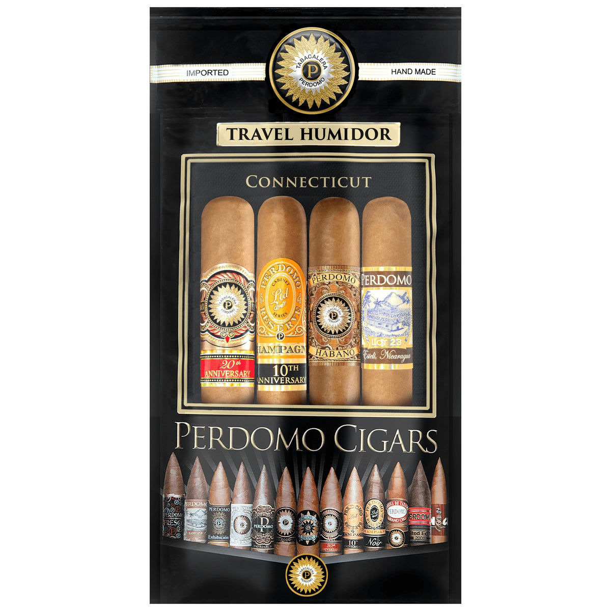 Perdomo Connecticut premium cigars in a humidified travel bag, showcasing the packaging and cigar band detail.