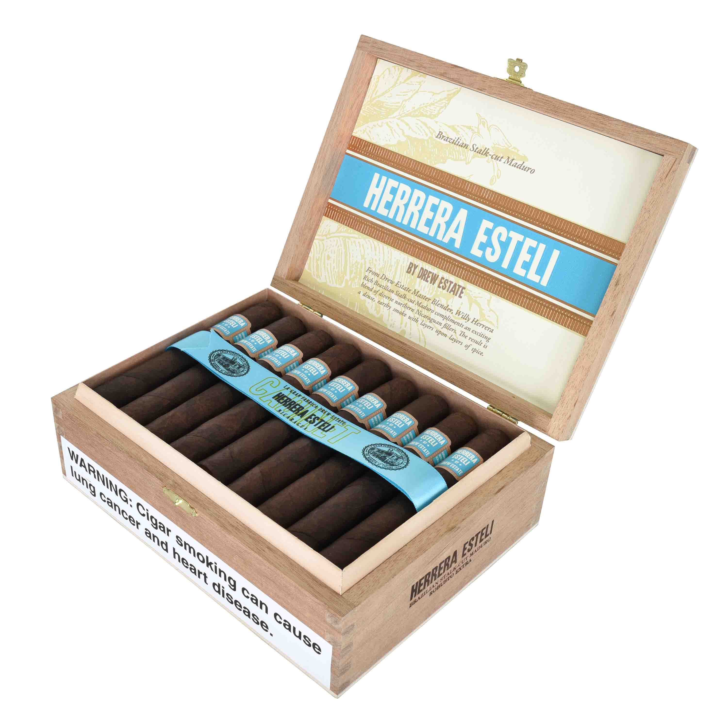 Herrera Esteli Brazilian Maduro premium cigar pack with dark, oily wrappers and detailed band, showcasing high-quality craftsmanship.