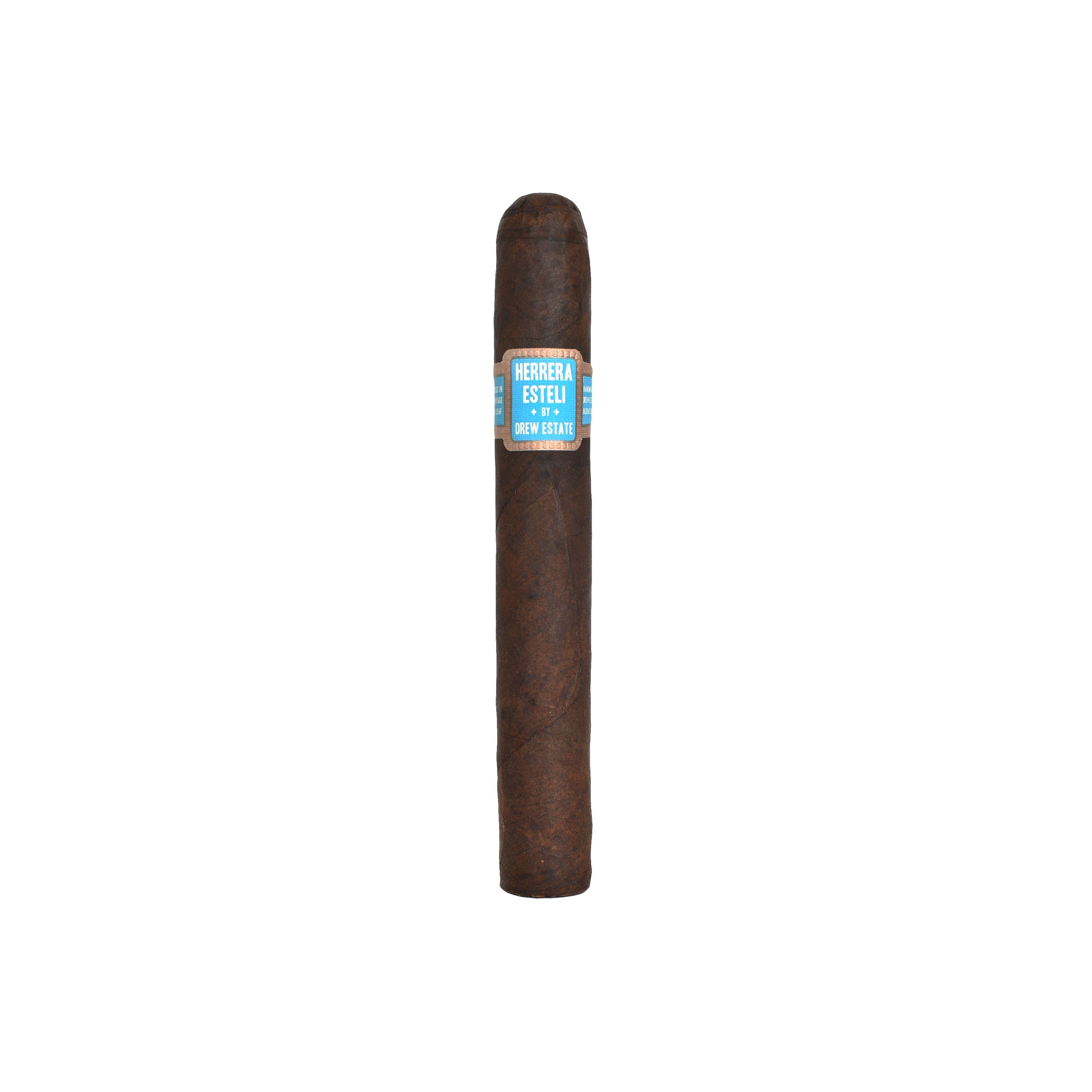 Herrera Esteli Brazilian Maduro premium cigar with dark, oily wrapper and detailed band, displayed on a neutral background.