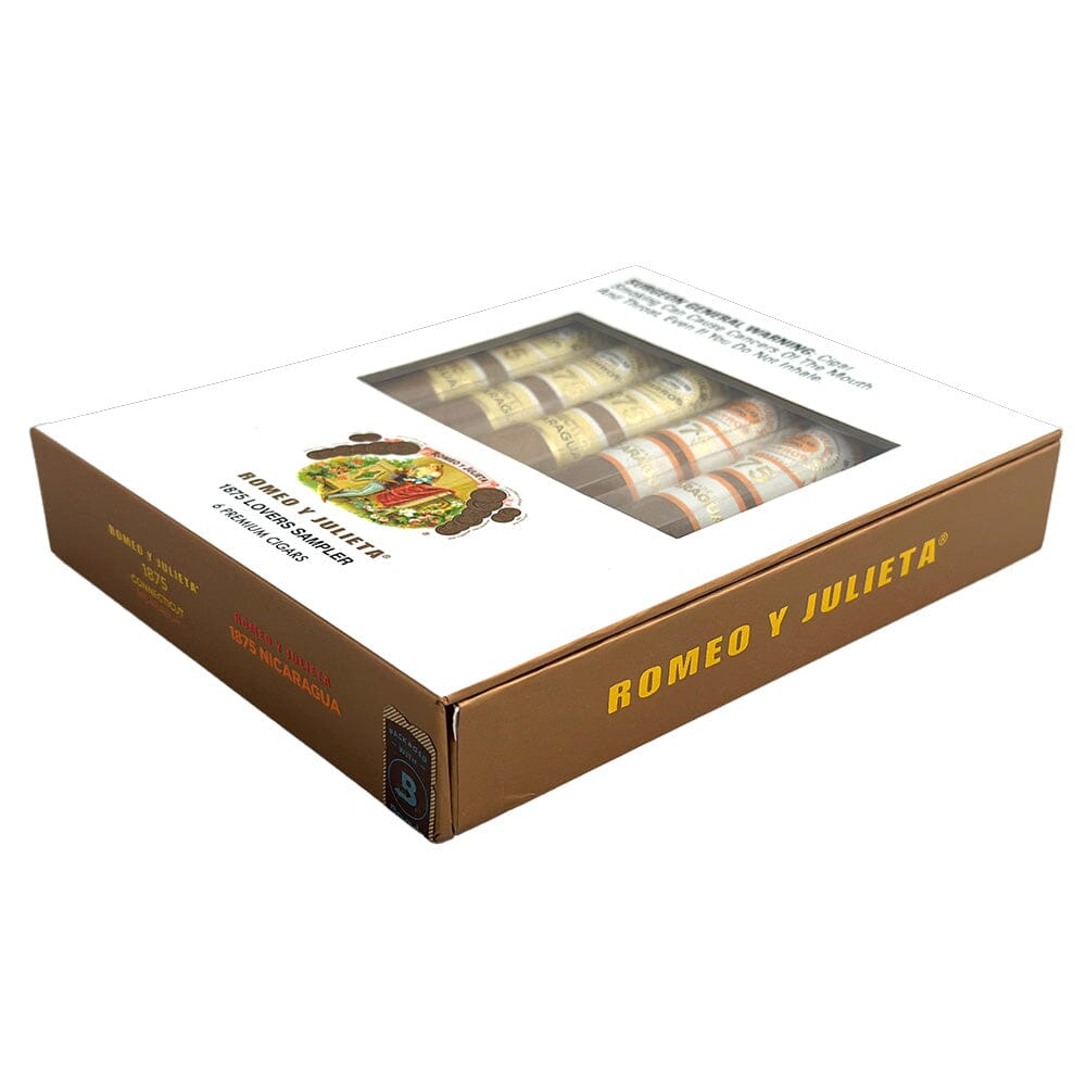 Assorted Romeo y Julieta 1875 Lovers Premium Cigars sampler with various cigar sizes and wrapper styles displayed.