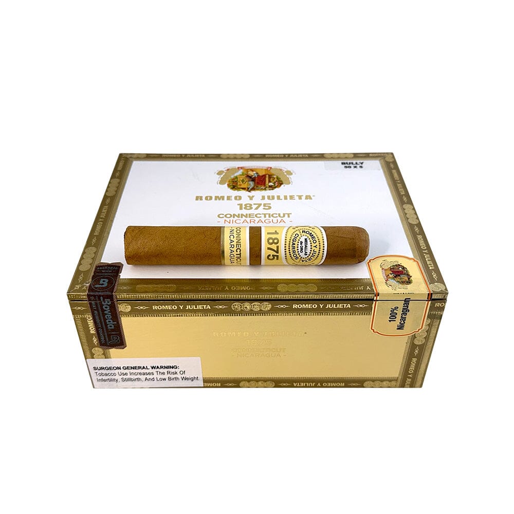 Romeo y Julieta 1875 Connecticut Nicaragua premium cigars in a box, showcasing the smooth Connecticut wrapper and Nicaraguan tobacco.