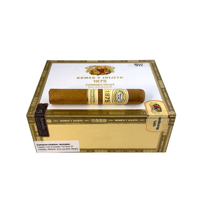Romeo y Julieta 1875 Connecticut Nicaragua premium cigars in a box, showcasing the smooth Connecticut wrapper and Nicaraguan tobacco.