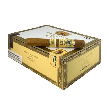 Romeo y Julieta 1875 Connecticut Nicaragua premium cigars in a box, showcasing the cigars with light Connecticut wrapper and Nicaragua branding.
