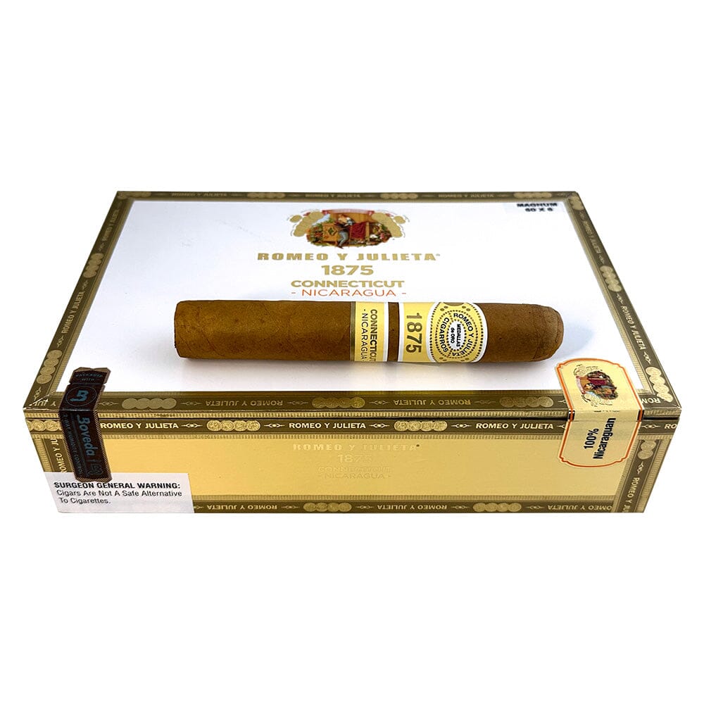Romeo y Julieta 1875 Connecticut Nicaragua premium cigars in a box, featuring smooth Connecticut wrapper and Nicaraguan filler.