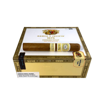 Box of Romeo y Julieta 1875 Connecticut Nicaragua premium cigars, featuring torpedo-shaped cigars in a wooden box.