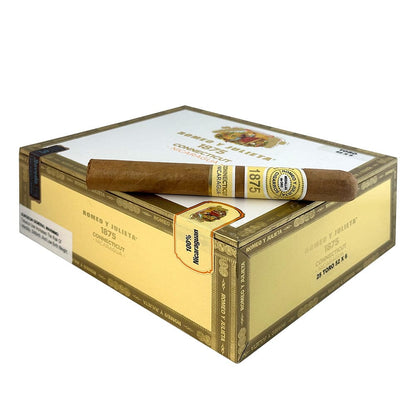 Box of Romeo y Julieta 1875 Connecticut Nicaragua premium cigars with two cigars inside, featuring elegant packaging.