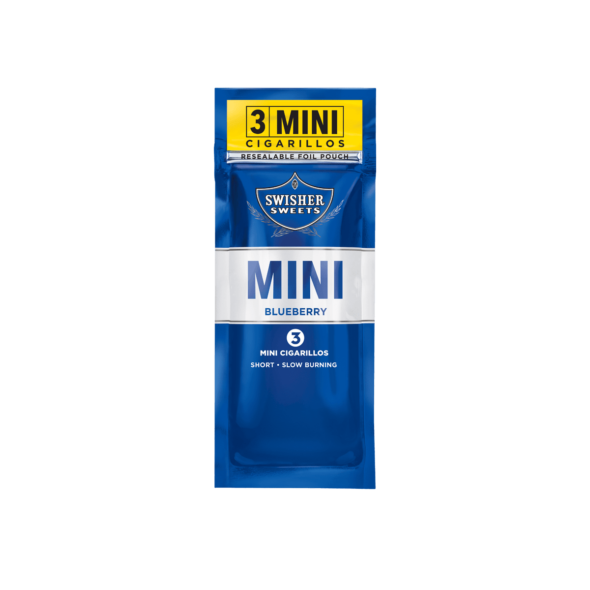 Swisher Sweets Mini Cigarillos Blueberry, machine-made, featuring blue packaging with images of blueberries and cigarillos.