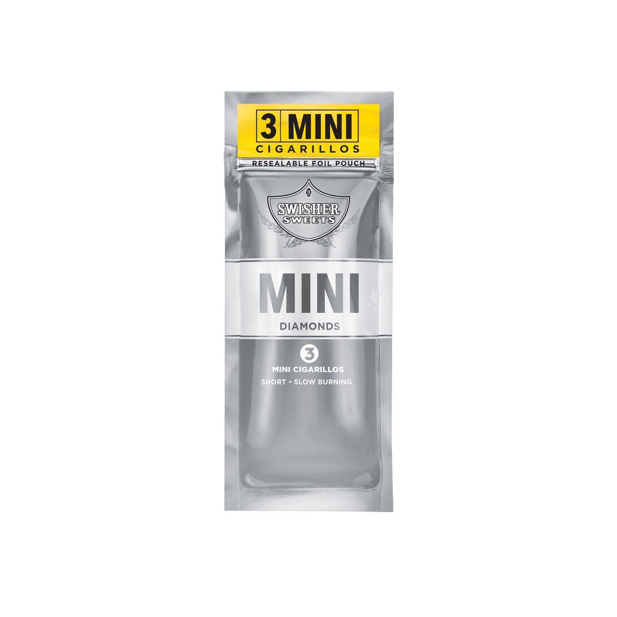 Swisher Sweets Mini Diamonds cigarillos, machine-made, featuring 45 mini cigars in a pack with colorful diamond-shaped packaging