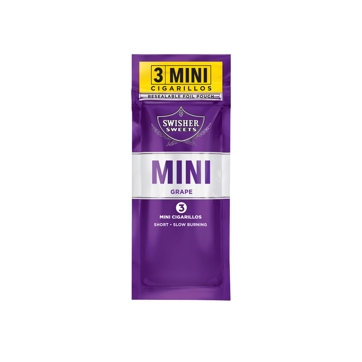 Swisher Sweets Mini Grape Cigarillos, machine-made, in a pack of 45, featuring purple packaging and grape flavor.