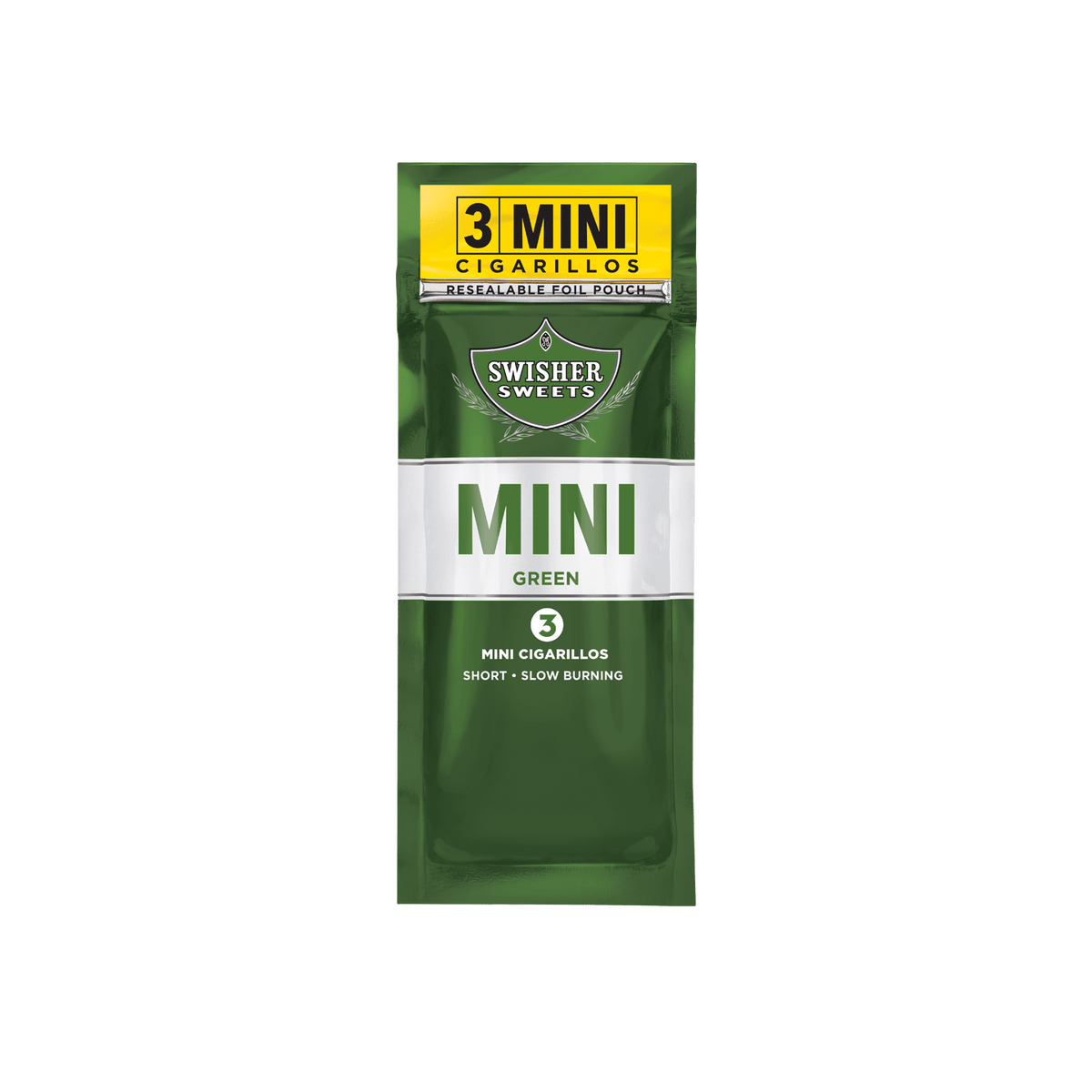 Swisher Sweets Mini Cigarillos Green Sweets pack with 45 machine-made cigarillos in green flavor, featuring colorful packaging.