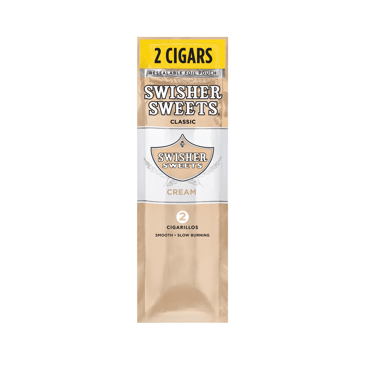 Swisher Sweets Cream Cigarillos, machine-made tobacco cigars with creamy flavor, shown in the product image.