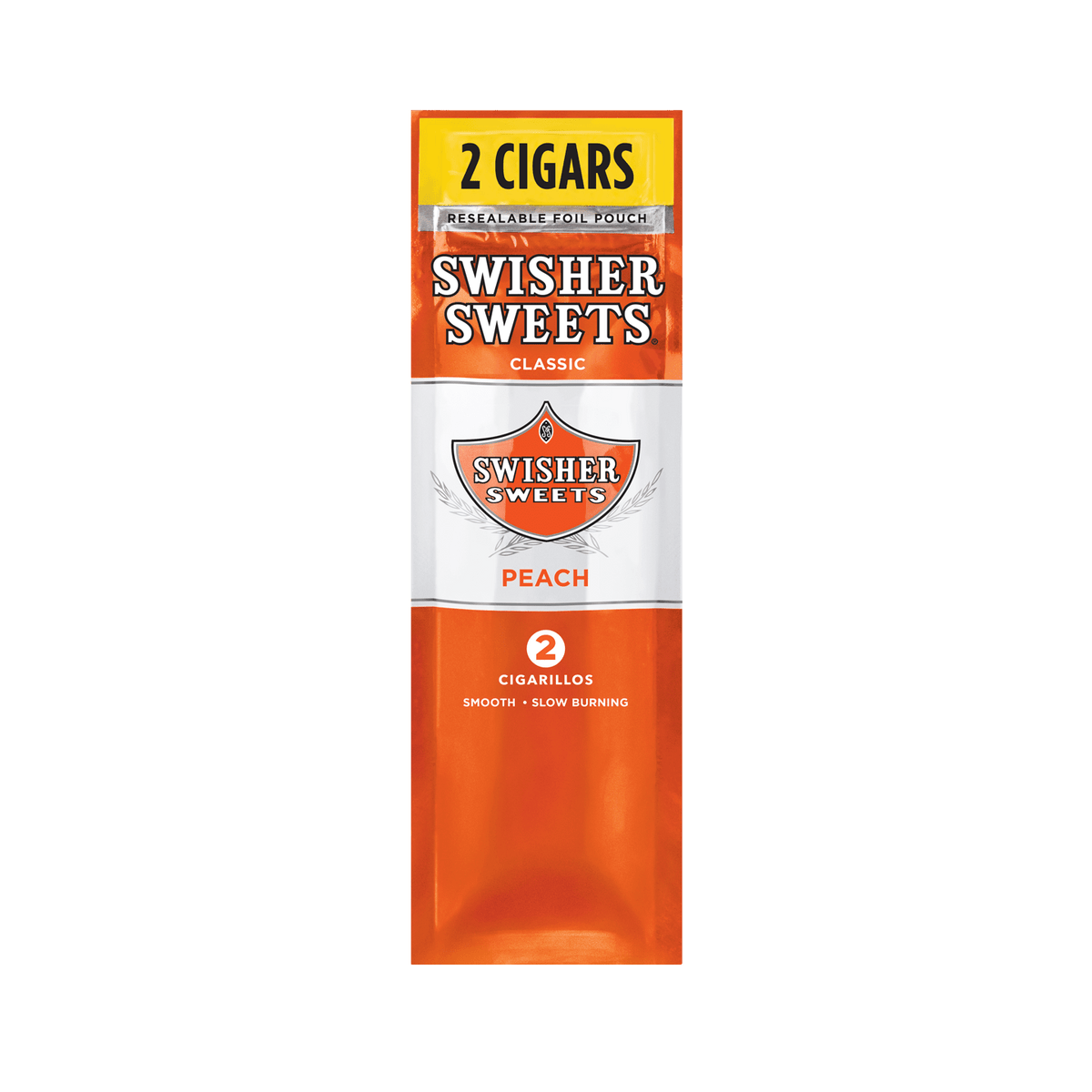 Swisher Sweets Peach cigarillos in a pack, featuring machine-made tobacco cigars with peach flavor branding.