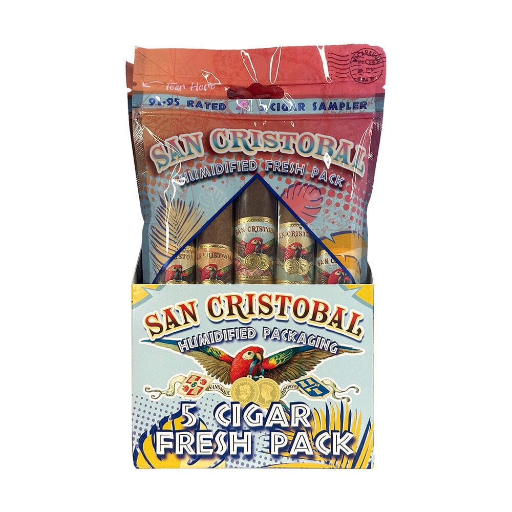 San Cristobal 5 Cigar Fresh Pack featuring premium cigars with a variety of flavors, in a sleek sample pack.
