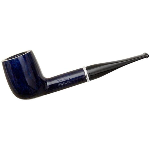 Savinelli Arcobaleno #111 pipe with a blue finish, showcasing the classic curved shape and smooth wood grain.