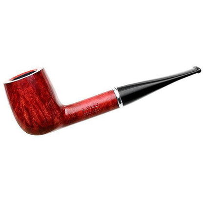 Red Savinelli Arcobaleno #111 pipe with smooth finish and classic curved design, showcasing its elegant craftsmanship.