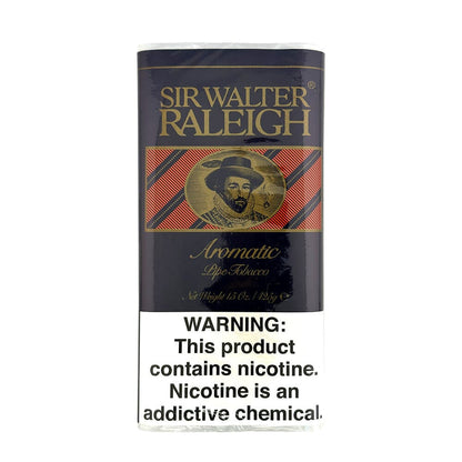 A pouch of Sir Walter Raleigh Aromatic Pipe Tobacco with colorful packaging and tobacco inside, ideal for pipe smoking enthusiasts.
