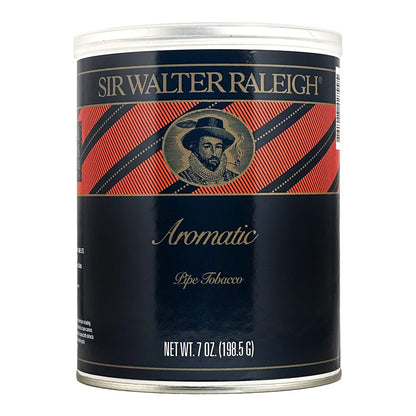 Tin of Sir Walter Raleigh Aromatic Pipe Tobacco showing the branded metal container with tobacco inside and decorative labeling.