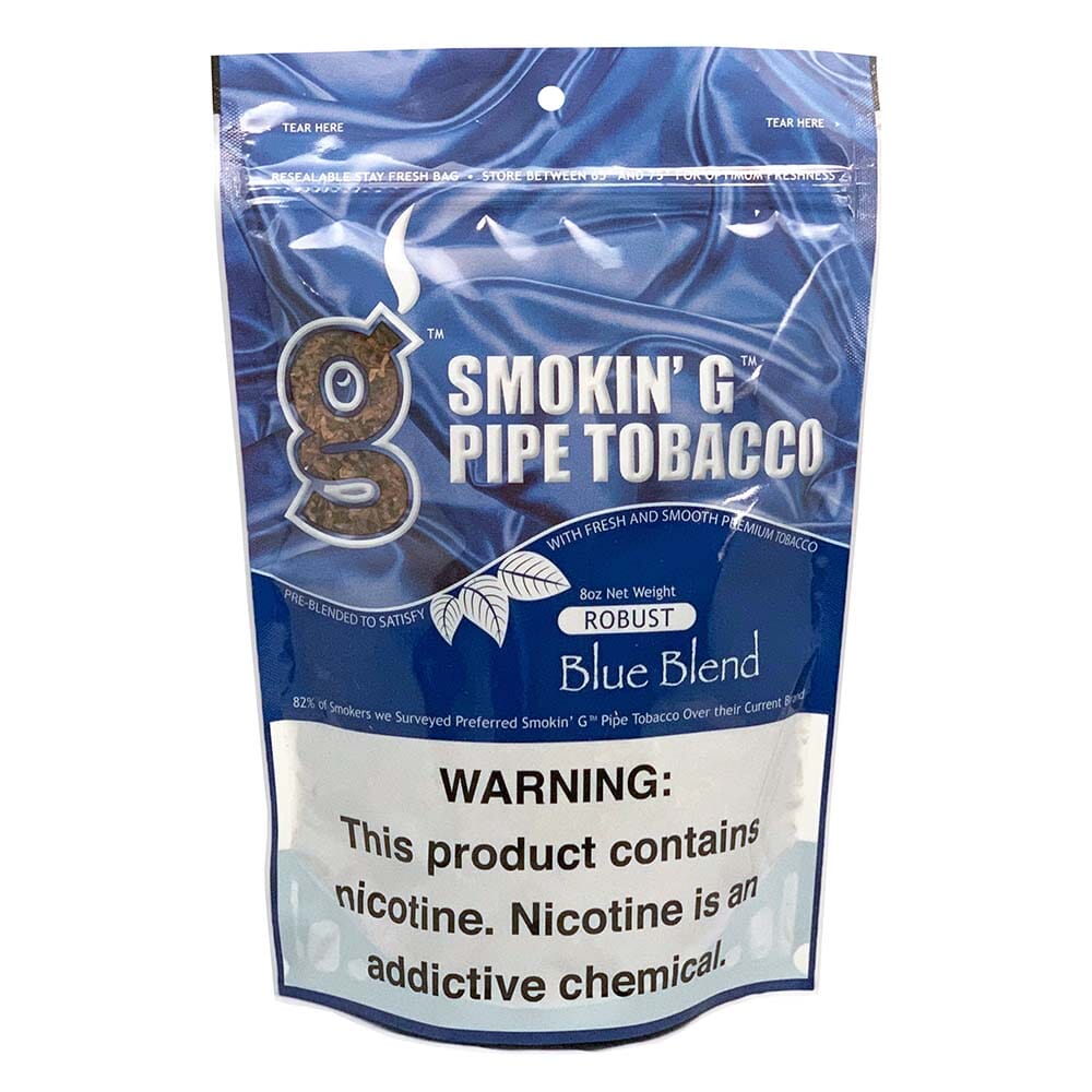 Smokin' G Robust Blue Pipe Tobacco in a resealable bag, showcasing the product's packaging and branding for pipe tobacco enthusiasts.