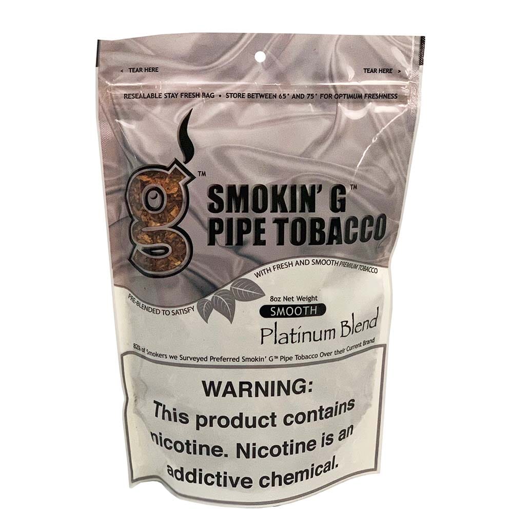 Smokin' G Smooth Platinum Pipe Tobacco in a resealable pouch, featuring branding and product labeling for pipe tobacco enthusiasts.