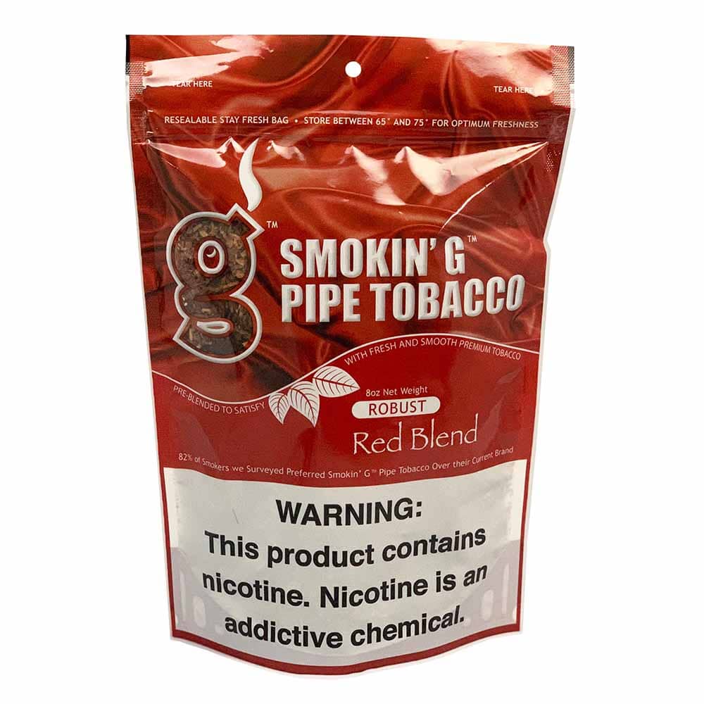 Smokin' G Robust Red pipe tobacco in resealable pouch, featuring bold red packaging and tobacco leaves visible inside.