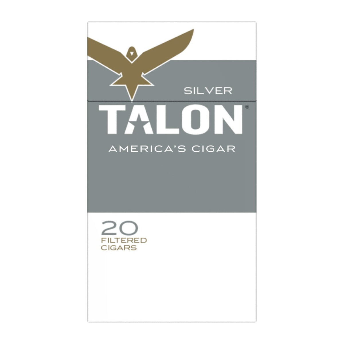Talon Silver Little Cigars pack shot showing silver packaging and multiple small cigars arranged neatly.