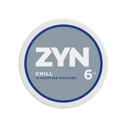 Zyn Nicotine Pouches Chill smokeless pouch container with silver packaging and blue Chill label, designed for discreet nicotine use.