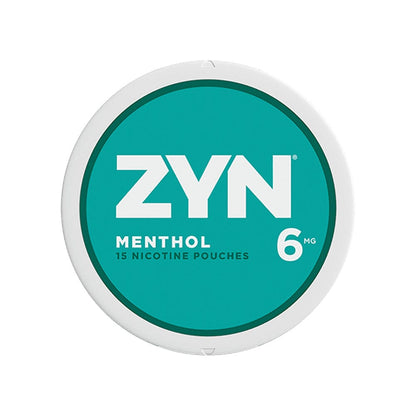 Zyn Nicotine Pouches Menthol smokeless product in a white container, showcasing the Zyn brand and menthol flavor.