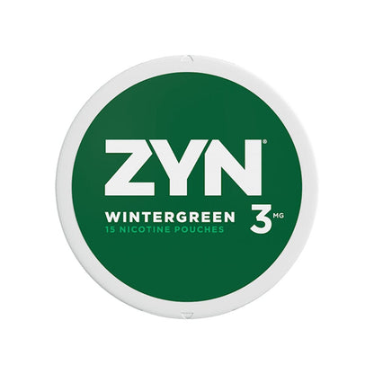 Zyn Nicotine Pouches Wintergreen smokeless pouches in a white container with green wintergreen flavor label