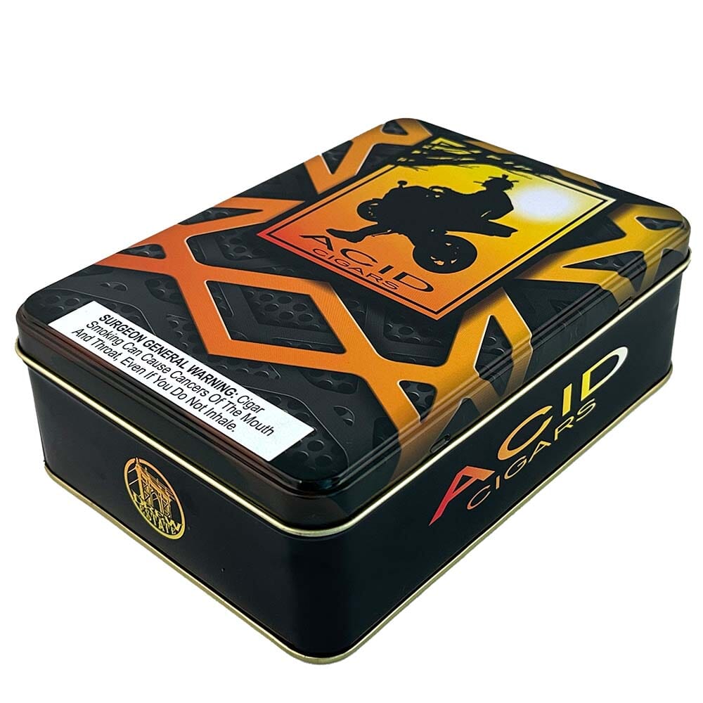 Premium Acid Cigars collector's tin featuring a vibrant design, perfect for storing and showcasing your favorite cigars.