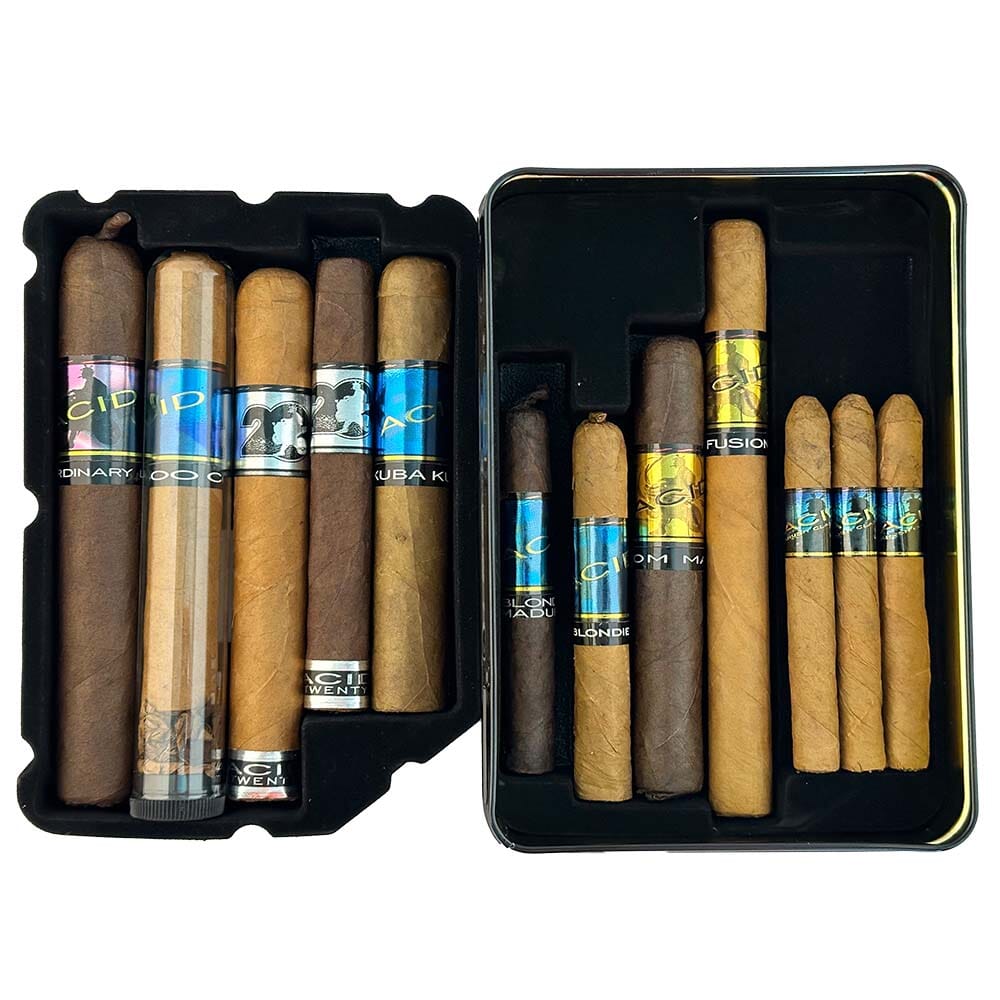 Premium Acid Cigars collector's tin with vibrant artwork, designed for storing and showcasing Acid cigar samples.