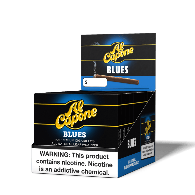 Al Capone Blues premium cigars, featuring a sleek packaging design with the Al Capone brand logo and blue accents.