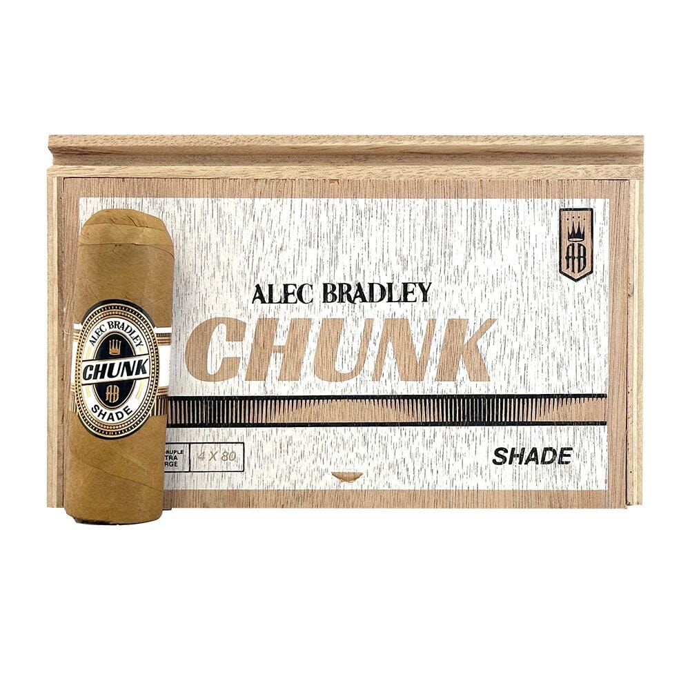 A box of Alec Bradley Chunk Shade premium cigars with several cigars displayed inside the box.
