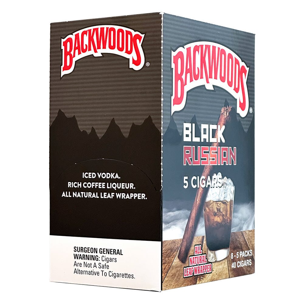 Machine-made Backwoods Black Russian cigars in a natural leaf wrapper, showing the cigars arranged in a row.