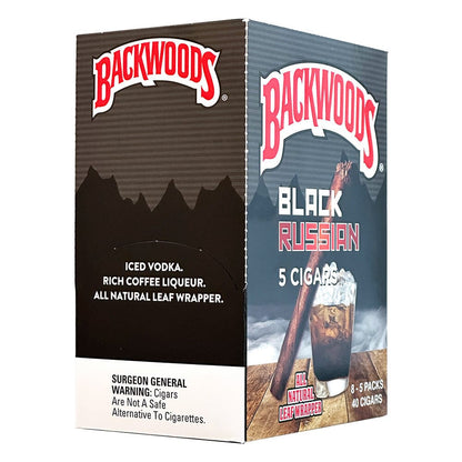 Machine-made Backwoods Black Russian cigars in a natural leaf wrapper, showing the cigars arranged in a row.