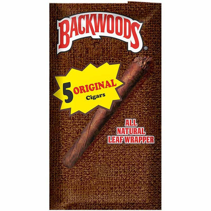 Machine-made Backwoods Original Cigars with natural leaf wrapper, showcasing their rustic appearance and distinctive branding