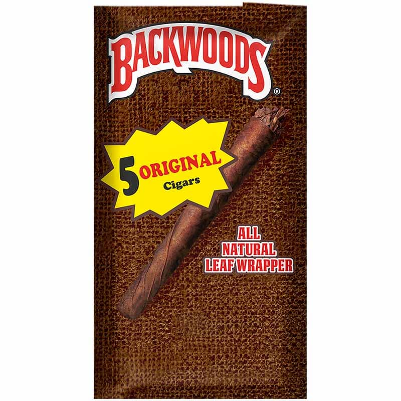 Machine-made Backwoods Original Cigars with natural leaf wrapper, showcasing their rustic appearance and distinctive branding