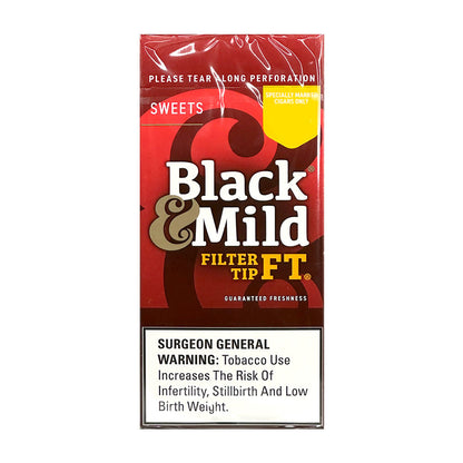 Black & Mild Filtered Tip Sweet Cigars, machine-made, with black and sweet tip, shown in a 30-count pack.