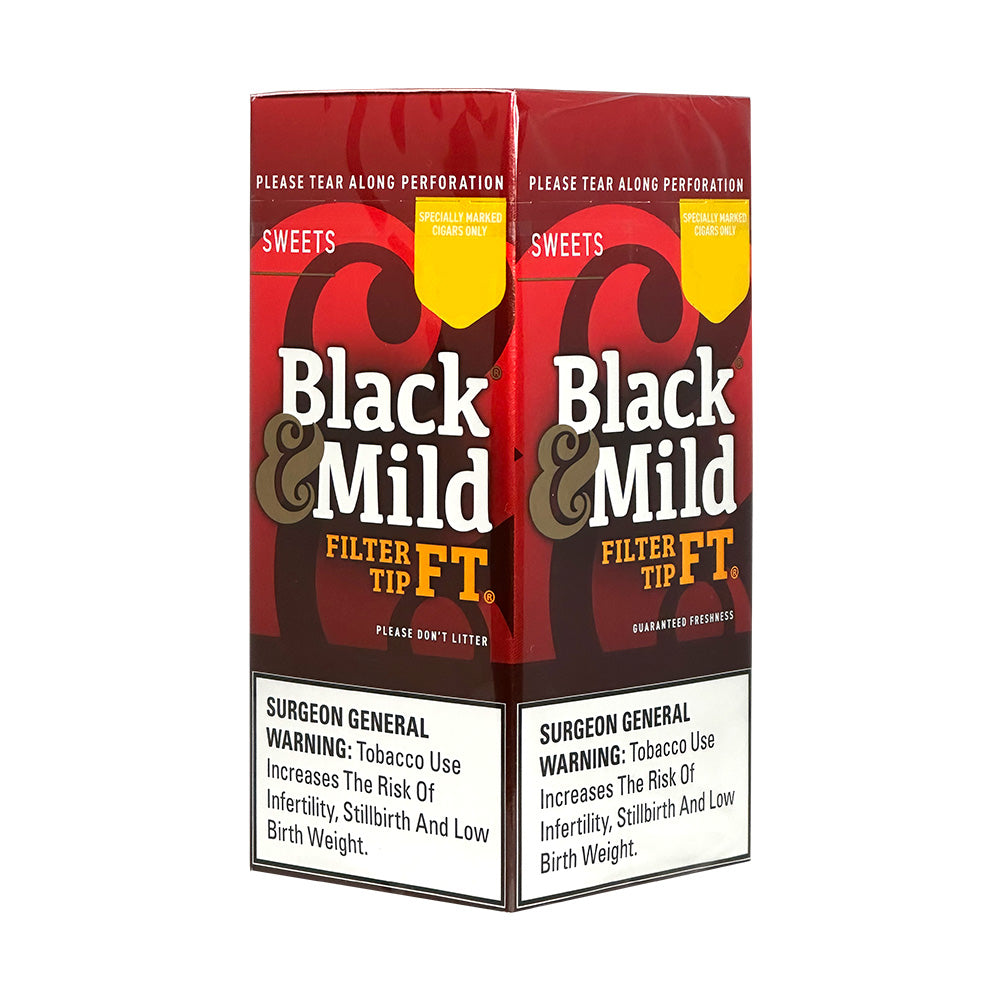 Machine-made Black & Mild filtered tip sweet cigars displayed in a pack, featuring black and sweet-flavored cigar tips.