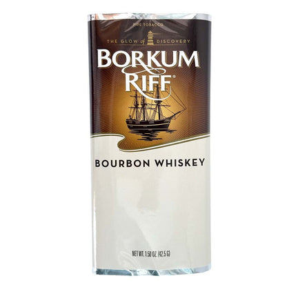 Borkum Riff Bourbon Whiskey Pipe Tobacco pouch showing rich, dark tobacco blend in a resealable bag.