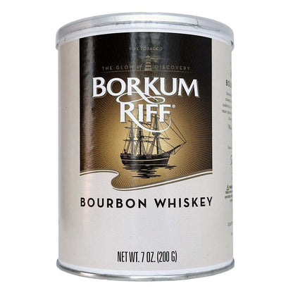 Borkum Riff Bourbon Whiskey Pipe Tobacco tin, showcasing the packaging of the flavored pipe tobacco brand.