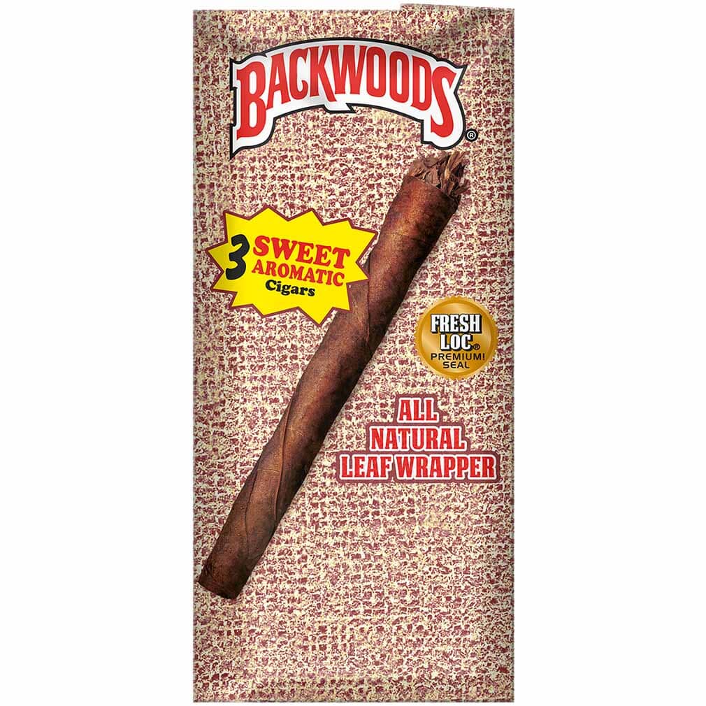 Three Backwoods Sweet Aromatic machine-made cigars in their packaging, showcasing the distinctive cigar design and branding.