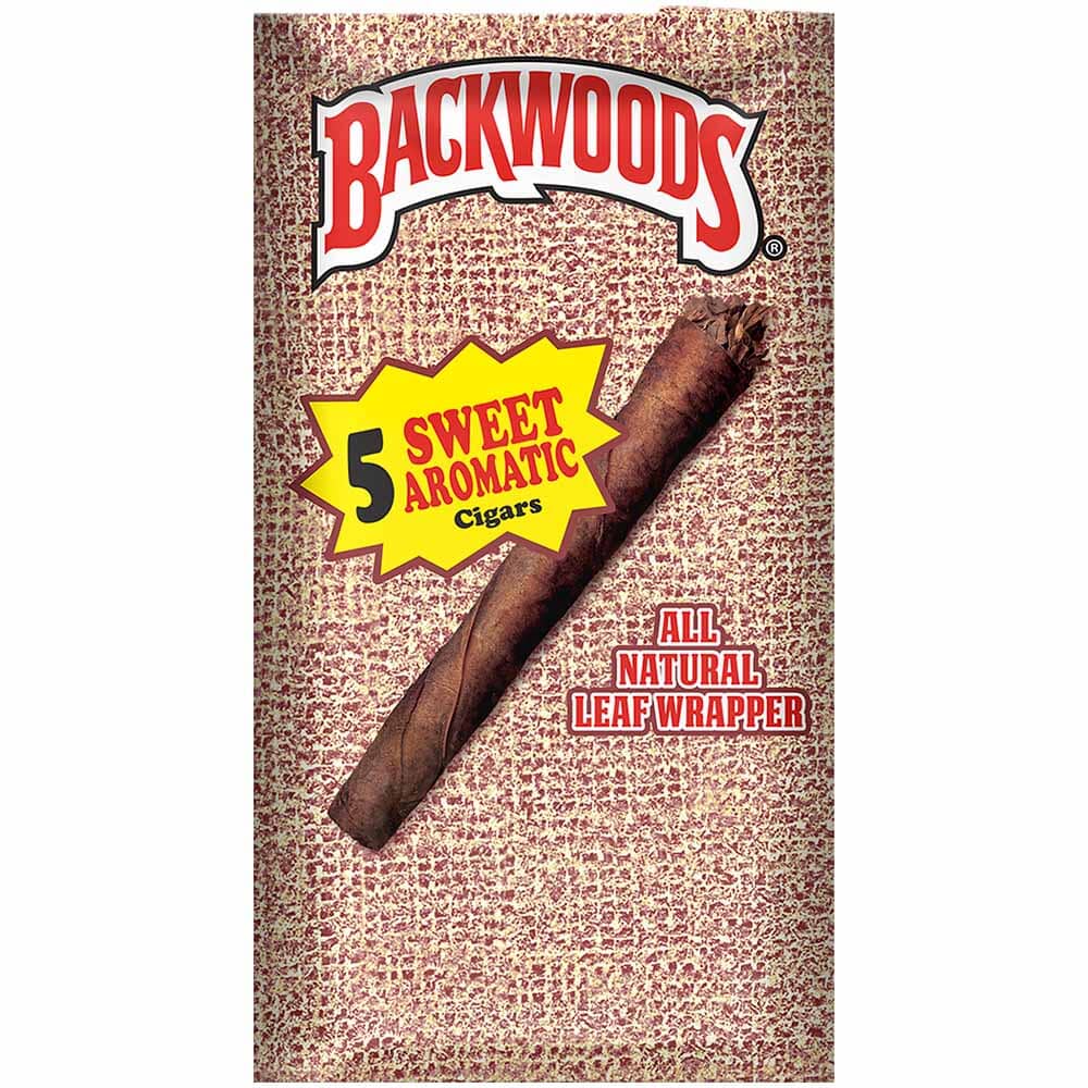 Machine-made Backwoods Sweet Aromatic Cigars displayed in a package, showcasing the aromatic cigar design and branding.