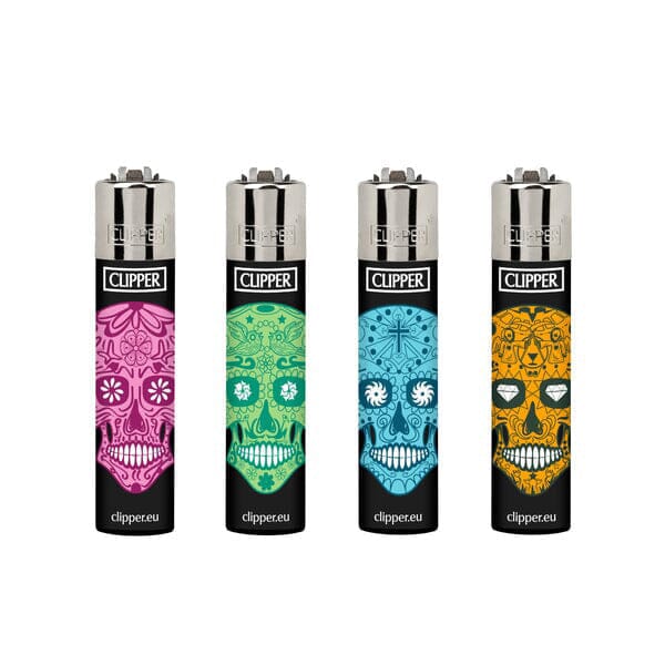 Clipper Mexican Skull Lighter with colorful skull design, compact accessory for smoking or lighter collection.