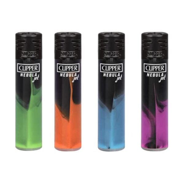 Clipper Dark Nebula Jet Flame Lighter showing a compact metal lighter with a dark nebula design and adjustable flame.