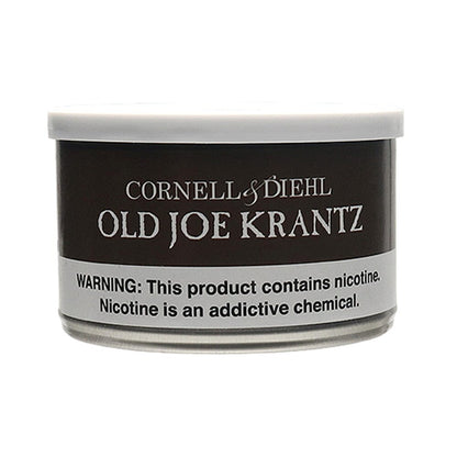 Cornell & Diehl Old Joe Krantz premium pipe tobacco in a 2oz package, with rich, dark tobacco leaves visible.