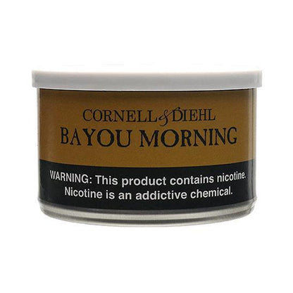 Cornell & Diehl Bayou Morning premium pipe tobacco in a 2oz package, featuring rich, aromatic blend for pipe smokers.